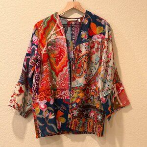 Soft Surroundings Bohemian Multi Color Embroidery Kimono Rayon Wool Blend Medium
